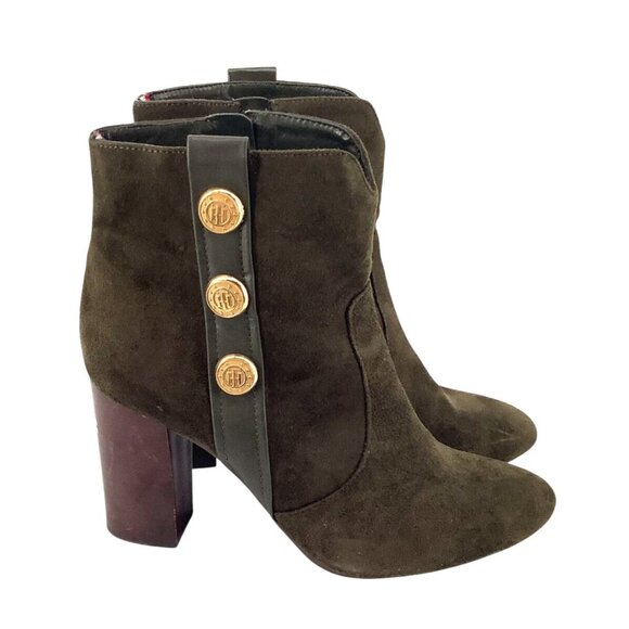 Tommy Hilfiger Womens Heeled Ankle Boots Olive Suede & Leather Gold Button S 8.5 - Picture 2 of 10